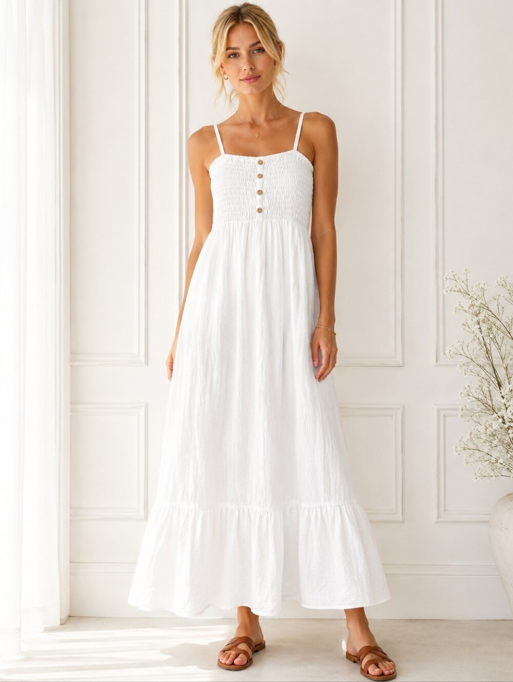 AUW White Smocked Maxi Dress Size M | Cottagecore Boho Lined Summer Sundress - Picture 1 of 10
